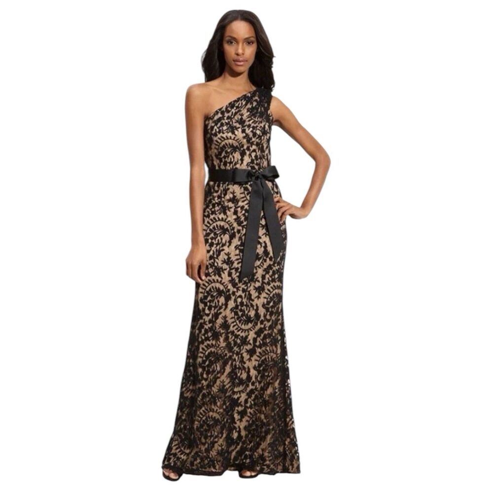 Tadashi Shoji Lace Dress Women Size 8 One Shoulder Black Floral Embroidered Gown